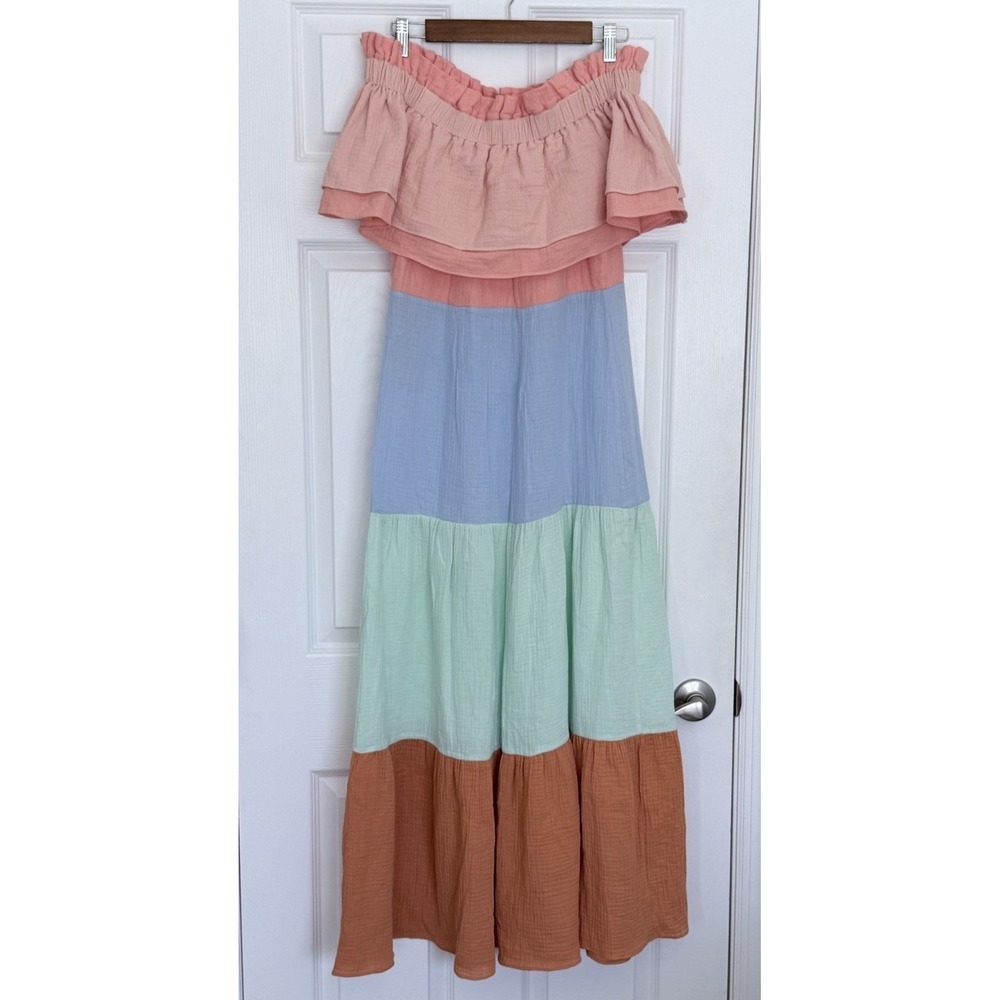 Paper London Cotton Gauze Off the Shoulder Tiered Maxi Dress Size 10 Striped - Picture 4 of 10
